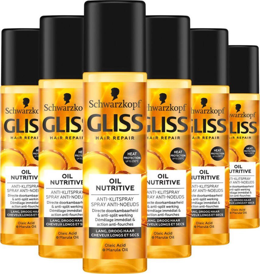 Gliss Schwarzkopf Oil Nutritive Anti-Klit Spray Haarverzorging Leave-in-Conditioner Voordeelverpakking 6x 200 ml