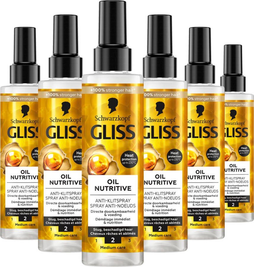 Gliss Oil Nutritive Anti-Klit Spray Haarverzorging Leave-in-Conditioner Voordeelverpakking 6 x 200 ml