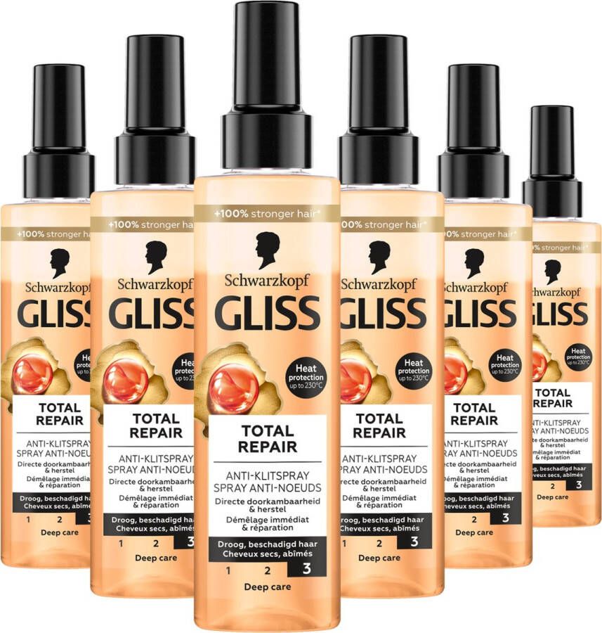 Gliss Schwarzkopf Anti-Klit Spray Total Repair 19 Haarverzorging Leave-in-Conditioner 6x 200 ml Voordeelverpakking