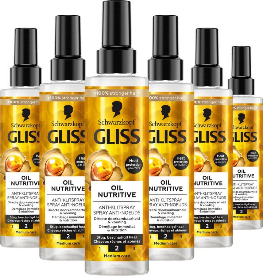 Gliss Schwarzkopf Oil Nutritive Anti-Klit Spray Haarverzorging Leave-in-Conditioner Voordeelverpakking 6x 200 ml