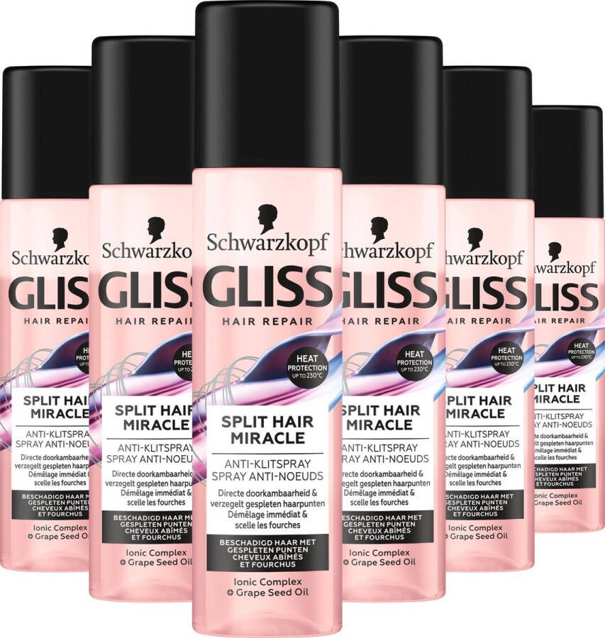 Gliss Schwarzkopf Split Hair Miracle Anti Klit Spray Haarverzorging Leave-in-Conditioner Voordeelverpakking 6x 200 ml