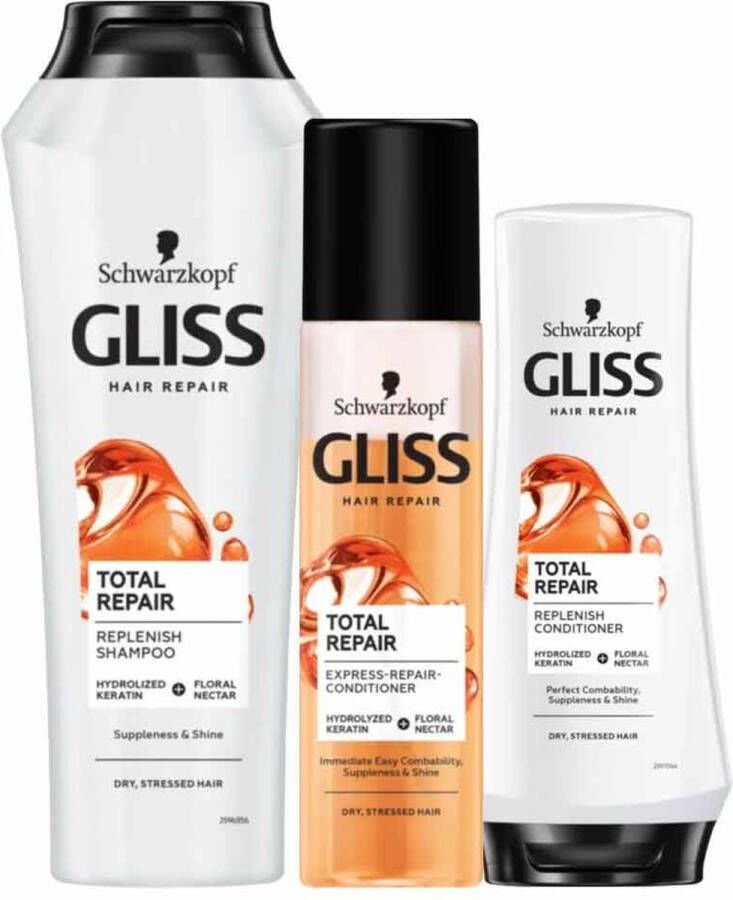 Gliss Total Repair Shampoo Conditioner & Anti-klit Spray Pakket