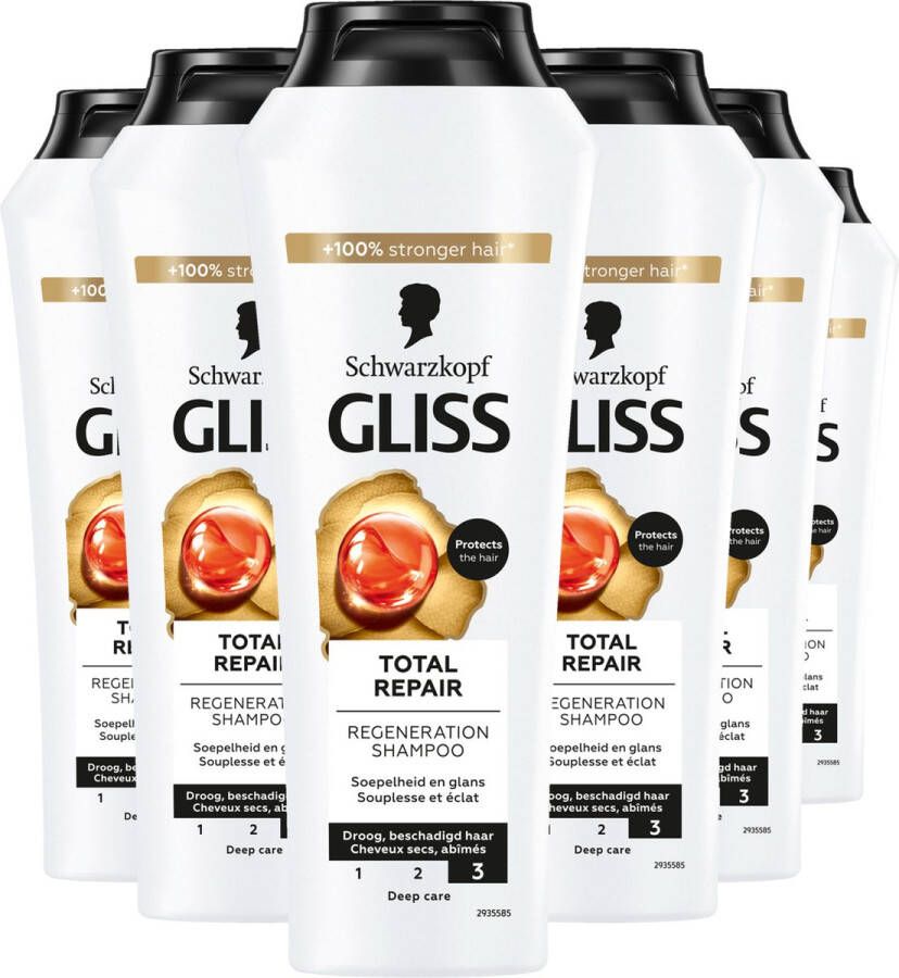 Gliss Total Repair Shampoo Haarverzorging Voordeelverpakking 6 x 250 ml