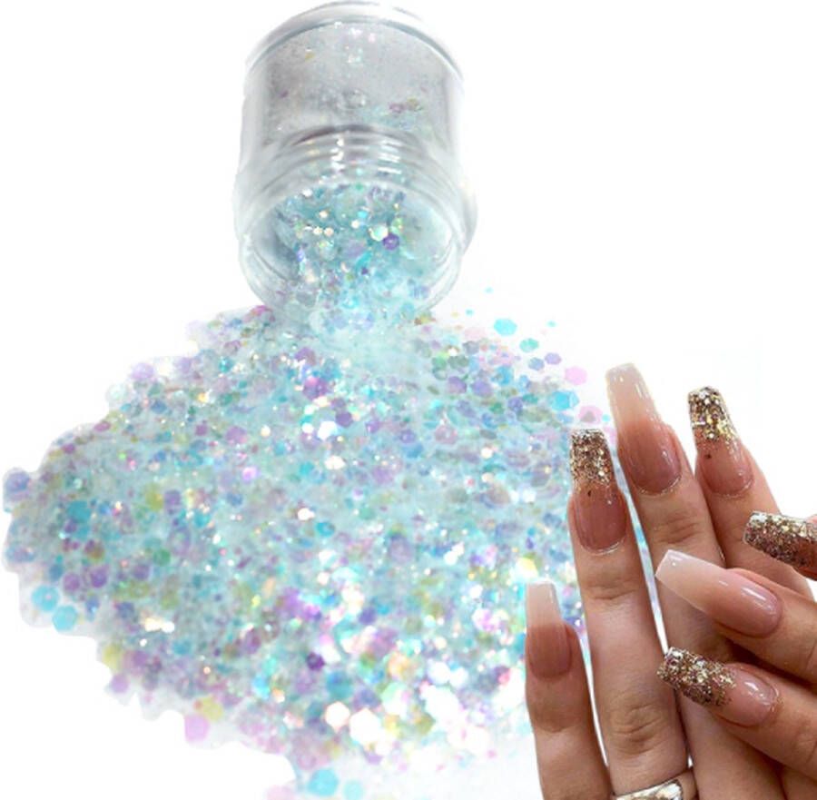 GlittersXL Chunky Glitters (Lichtblauw Wit) [Volume 8g Festival Glitter Outfit Nagel Decoratie Versiering Manicure Kunstnagels Nepnagels Acryl Nagels Kinderen Volwassenen Dames Glitters]