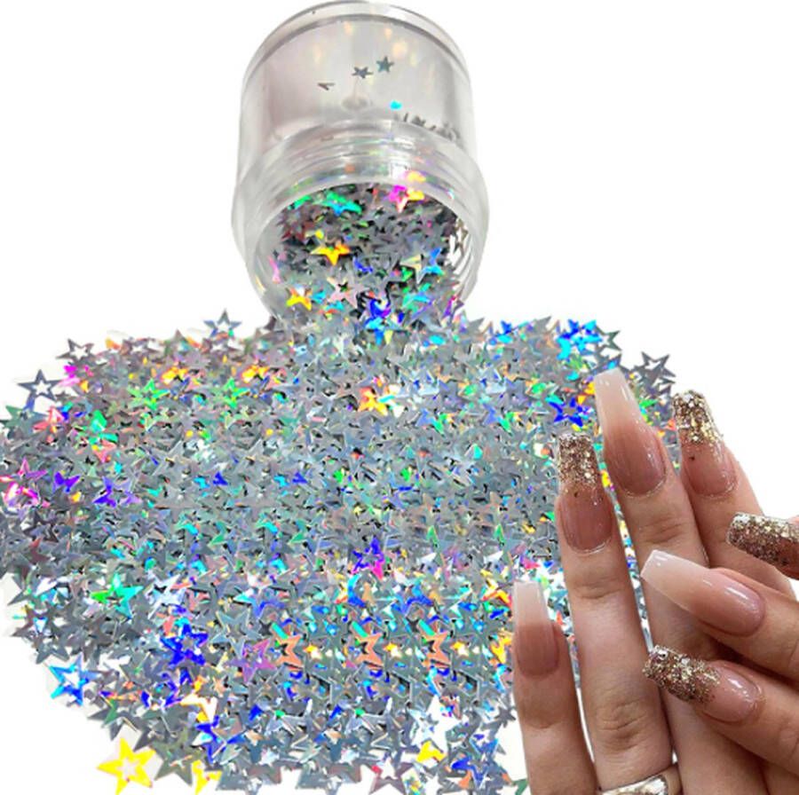 GlittersXL Chunky Glitters (Zilveren Sterren) [Volume 8g Festival Glitter Outfit Nagel Decoratie Versiering Manicure Kunstnagels Nepnagels Acryl Nagels Kinderen Volwassenen Dames Glitters]