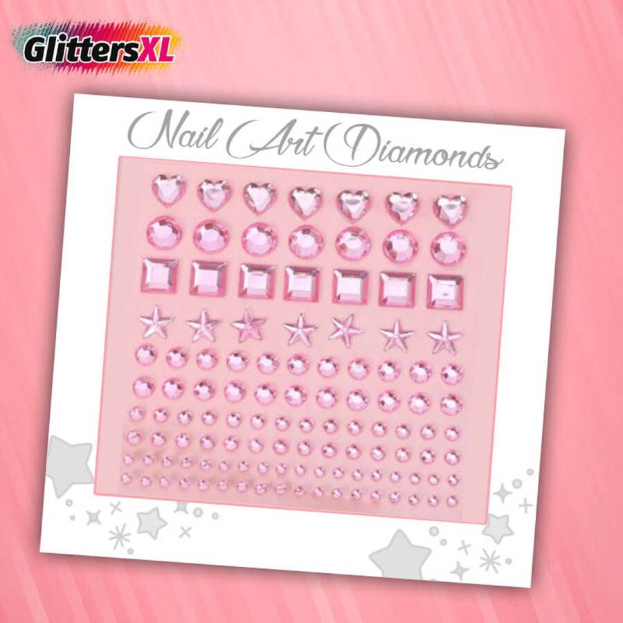 GlittersXL Nail Art Diamonds (115 Diamantjes Roze Figuren) [Zelfklevend Nagel Steentjes Decoratie Versiering Manicure Kunstnagels Nepnagels Acryl Nagels Rhinestone Rhine Stones]