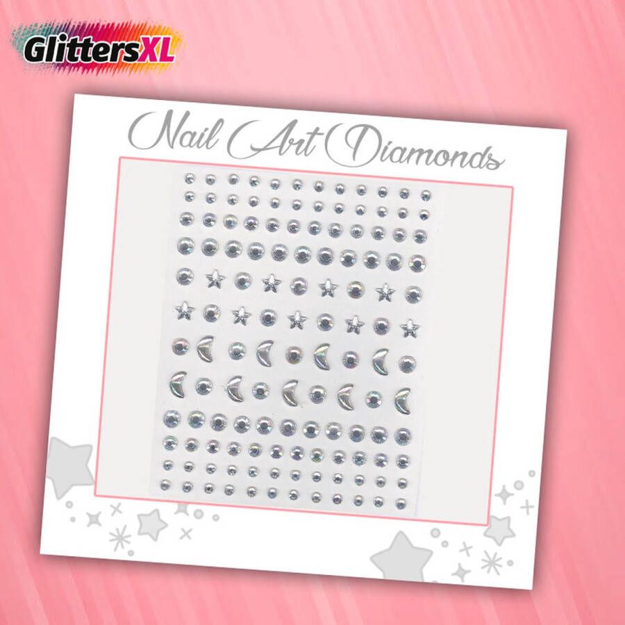 GlittersXL Nail Art Diamonds (130 Diamantjes Sterren Manen Transparant) [Zelfklevend Nagel Steentjes Decoratie Versiering Manicure Kunstnagels Nepnagels Acryl Nagels Rhinestone Rhine Stones]