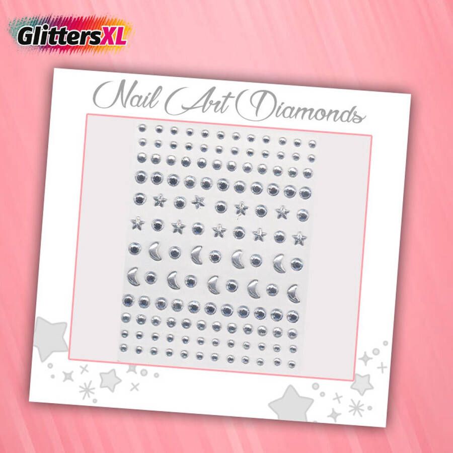 GlittersXL Nail Art Diamonds (130 Diamantjes Sterren Manen Zilver) [Zelfklevend Nagel Steentjes Decoratie Versiering Manicure Kunstnagels Nepnagels Acryl Nagels Rhinestone Rhine Stones]