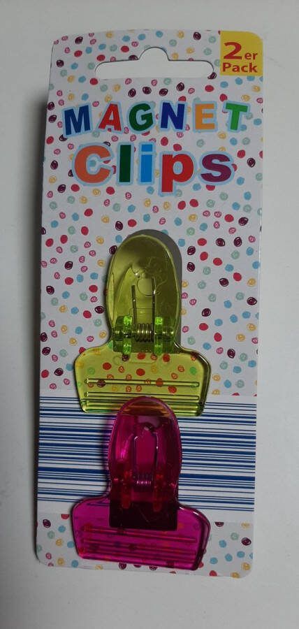 Global partner 2x magneetclip koelkastmagneet met clip klem magneetclips voor memo's whiteboard magneetbord transparant geel en rood