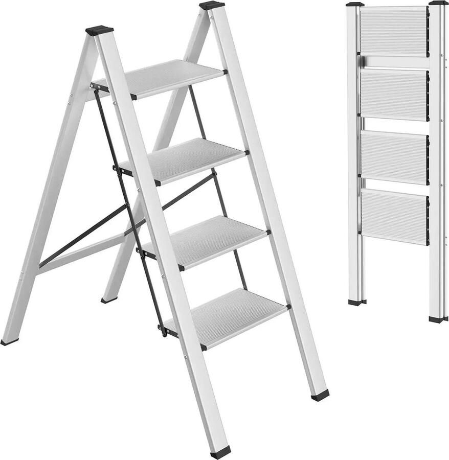Globe Goods GlobeGoods Ladder huishoudladder Trap Trapladder Lichtgewicht Draagbaar 150 kg belasting 4treden Zilver