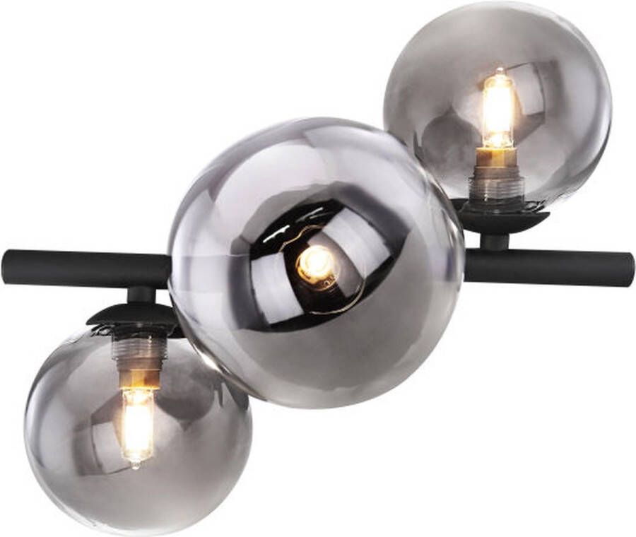 Globo Lighting Globo Riha plafondlamp wandlamp zwart metaal rookglas 21x28x19cm incl 3xG9 led