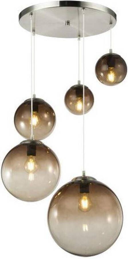 Globo Lighting Hanglamp glazen bollen 5x 'Varus' chroom smoke glas