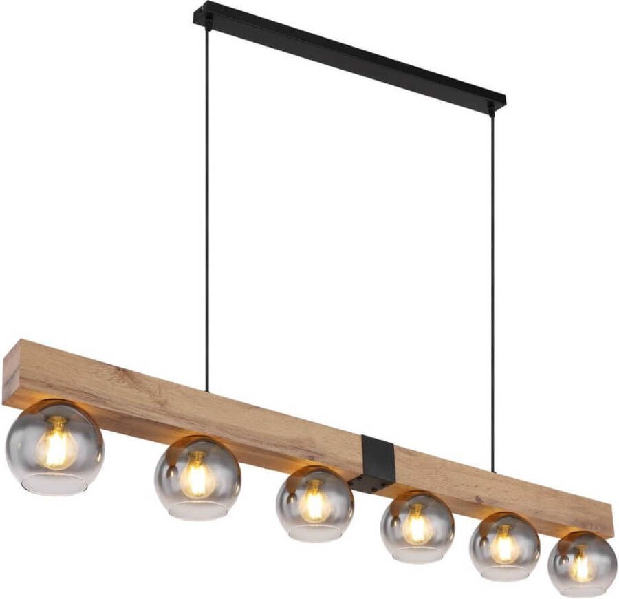 Globo Villach Hanglamp 6 lichts eiken look zwart met smoke glas Industrieel 2 jaar garantie