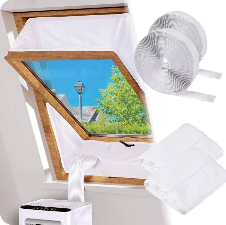 GLODI GOODS Dakraam afdekzeil (190cm x 2) mobiele airco raamafdichtingskit – afdichting enkele en dubbele slang klittenband bevestiging