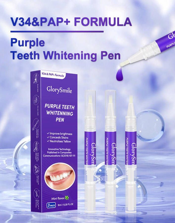 GlorySmile 3 Pack Teeth Whitening Pen – Natuurlijk Witte Tanden Tandenbleekset – Tandenbleek Pen Whitening Kit Tanden Bleken – Zonder Peroxide Alternatief Tanden Bleekstrips en Whitening Strips Kerstcadeau vrouwen