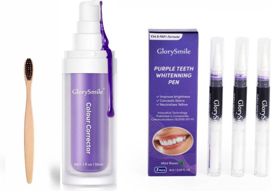 GlorySmile Tandenbleekset V34 Colour Corrector Serum & V34 Colour Corrector Whitening Pens Gratis bamboe tandenborstel Witte Tanden Paarse Tandpasta Teeth Whitening Hismilekit Kleurcorrector- Hismile hismilekit smilekit
