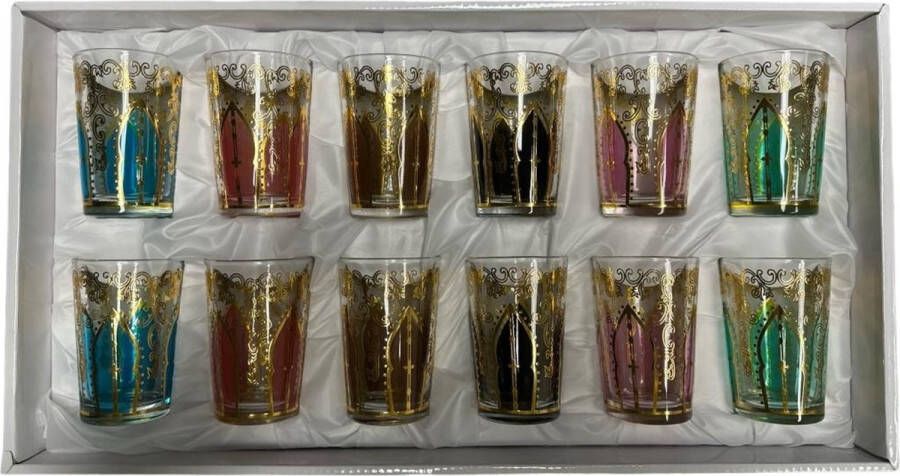 Glozini Kleurrijke Marokkaanse Theeglazen Goud Set van 12 Glazen 178ml Thee & Koffieglazen