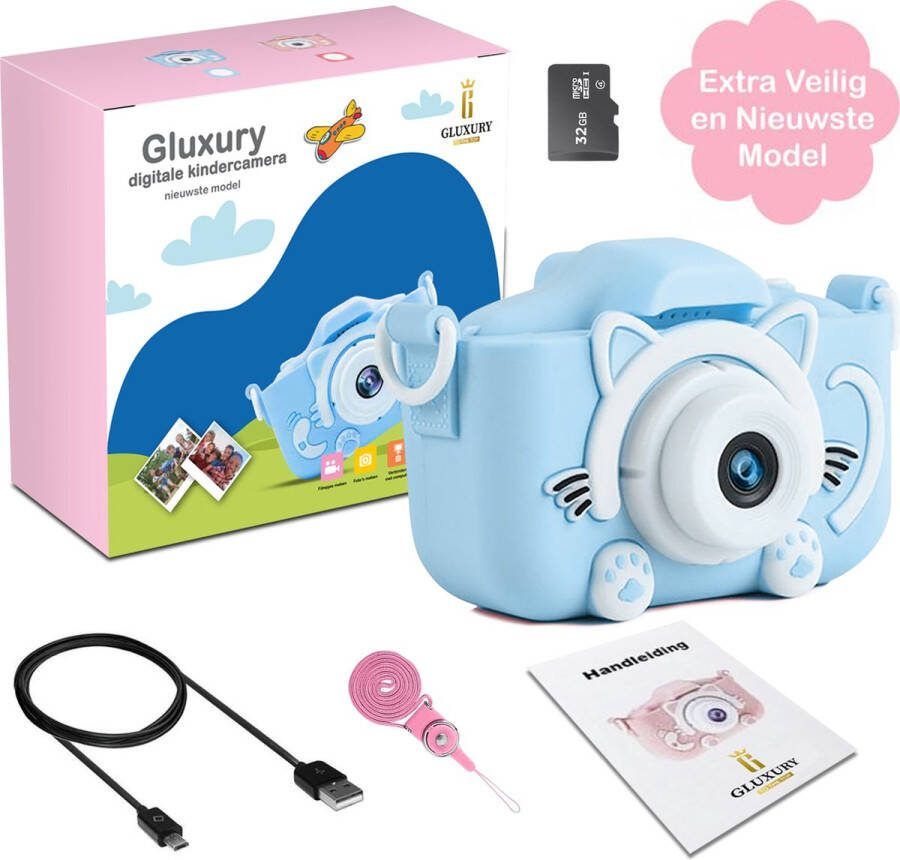 Gluxury Digitale Kindercamera Nieuwste Model HD 1080P 32 GB Inclusief Micro USB Kaart + SD Kaart – Nederlands Fototoestel Voor Kinderen – Extra veilig Vlog Camera – Nederlandstalig – USB Oplaadbaar – Blauw – Digitaal Kinderfototoestel