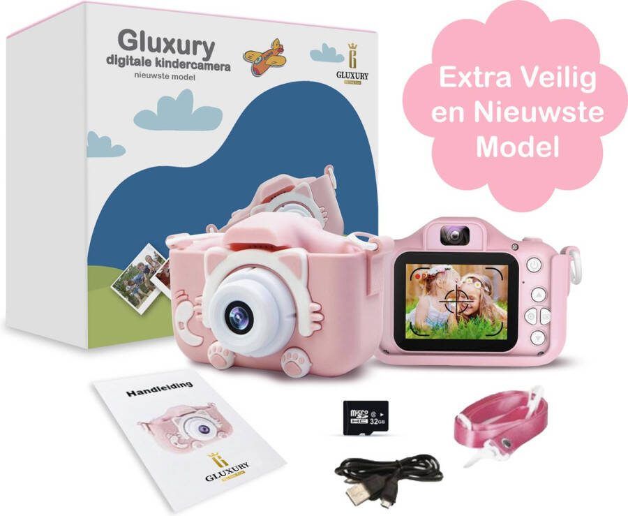 Gluxury Digitale Kindercamera Nieuwste Model HD 1080P 32 GB Inclusief Micro USB Kaart + SD Kaart – Nederlands Fototoestel Voor Kinderen – Extra veilig Vlog Camera – Nederlandstalig – USB Oplaadbaar – Roze – Digitaal Kinderfototoestel