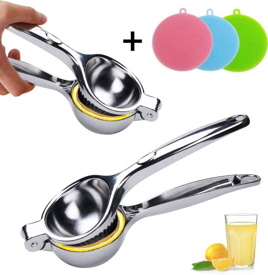 Gluxury Hoge Kwaliteit Roestvrijstalen Rvs Citroenpers + Luxe Brush – Extra stabiel en Geen Spatten Handcitruspers – Limoenpers – Fruitpers – Citroenknijper