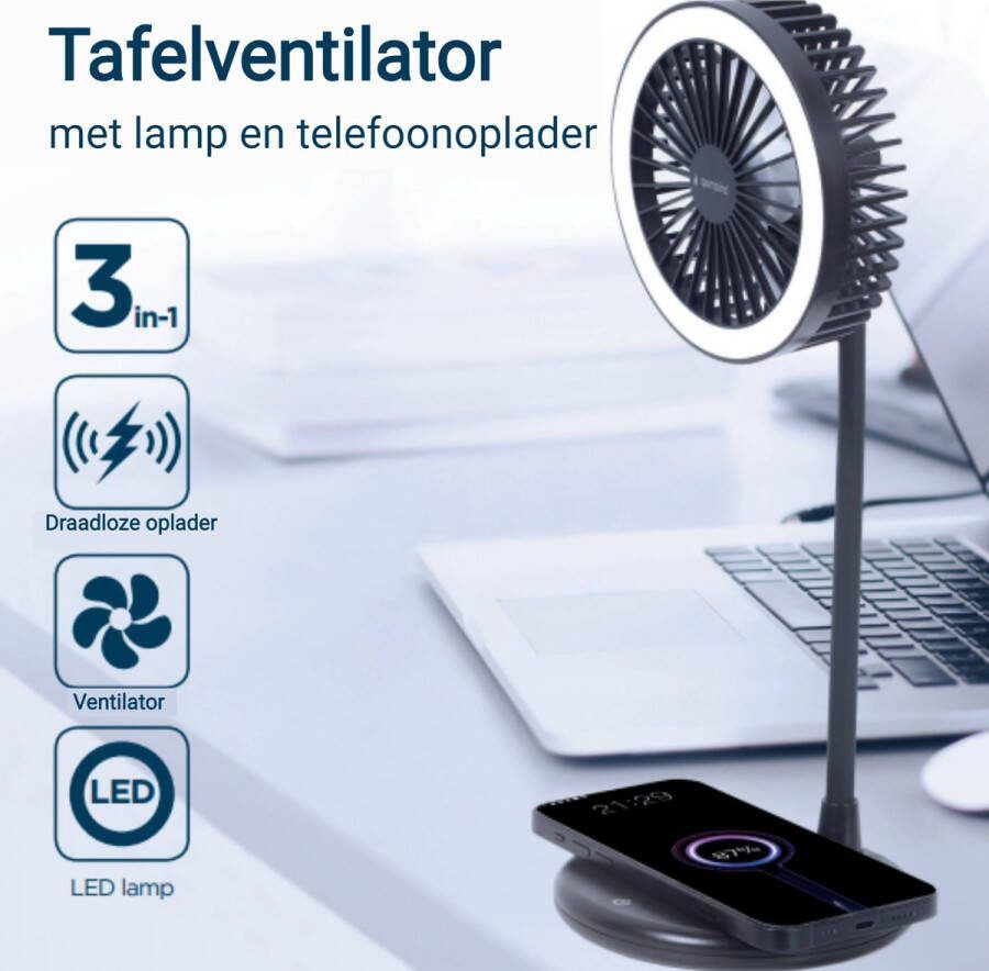 Gmb 3-in-1 Tafelventilator Qi draadloze oplader 10W LED Verlichting 3 snelheden en verlichting USB Ventilator- Handventilator Mini Ventilator Tafel ventilator Zwart