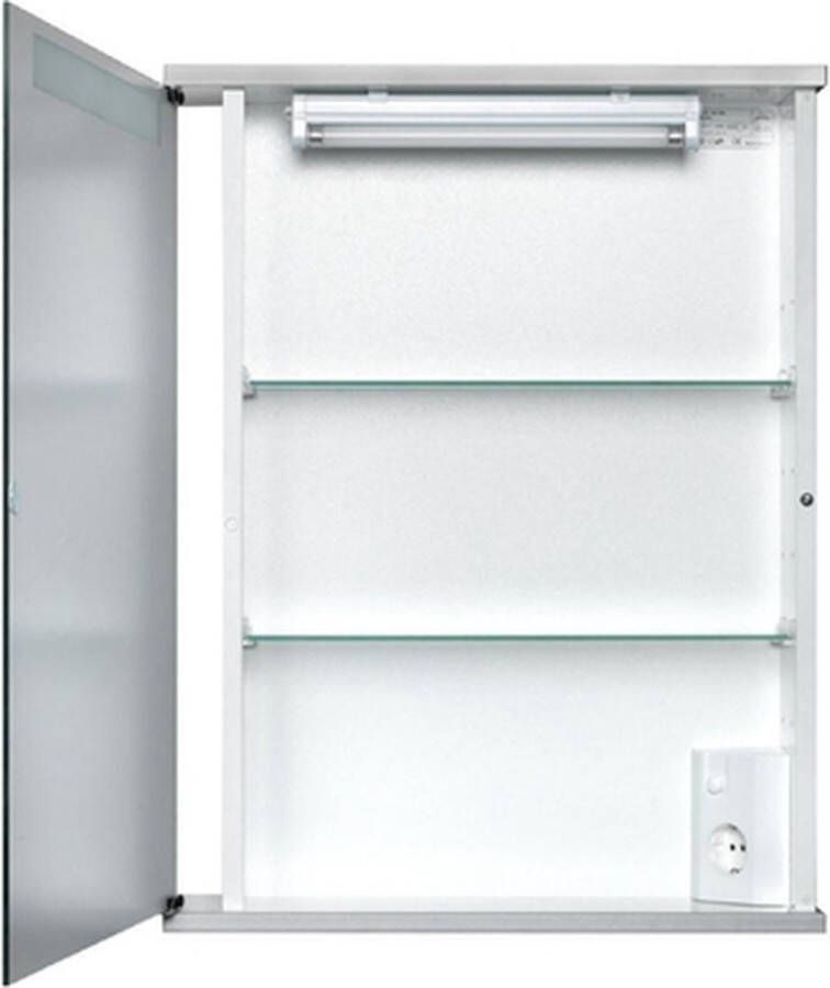 Go by Van Marcke Cento LS Spiegelkast 50x65x14cm MDF wit lamp T5 8W spiegeldeur kristalglas satijnen lichtvenster verstelbare glazen legplanken 1 stopcontact
