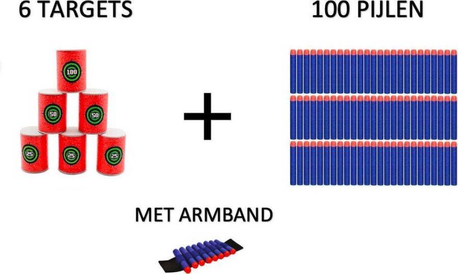 Go Gadget Set van 100 Pijlen Darts Kogels + 6 Targets + Polsband Geschikt Voor NERF N-Strike Elite Speelgoedblasters Blauw Rood