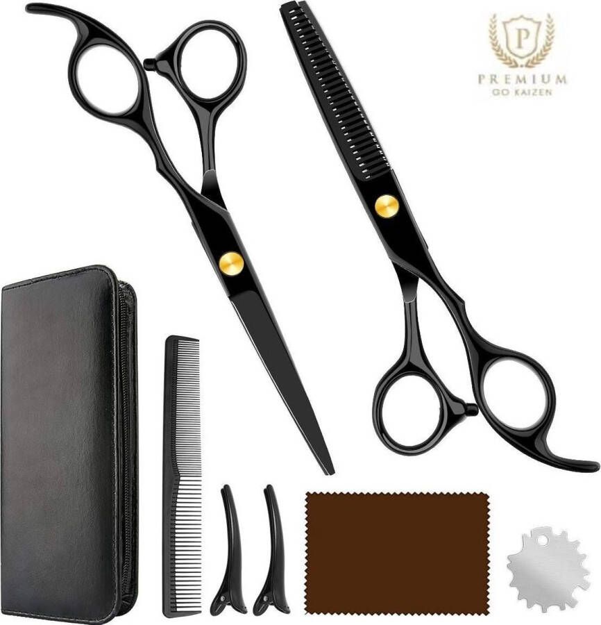 Go Kaizen Professionele RVS Kappersset Kapperschaar Effileerschaar Uitdunschaar Premium Japanese Stainless Steel Zwarte Kappersscharen Inclusief Kam 2 Haarclips en Luxe Opbergtas