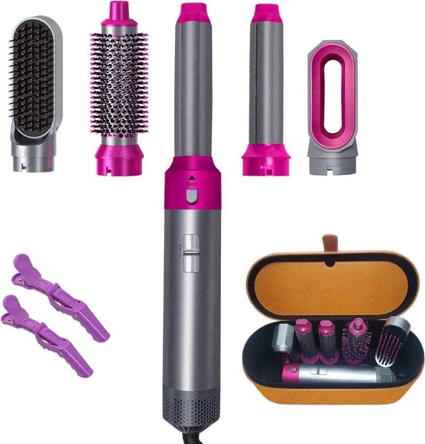 Go-shipping Krultang 5 In 1 Hairwrap Föhn Inclusief 4 Opzetstukken 2 Clipjes en Tas Multifunctioneel Roterende Snoer Voor Nat en Droog Roze