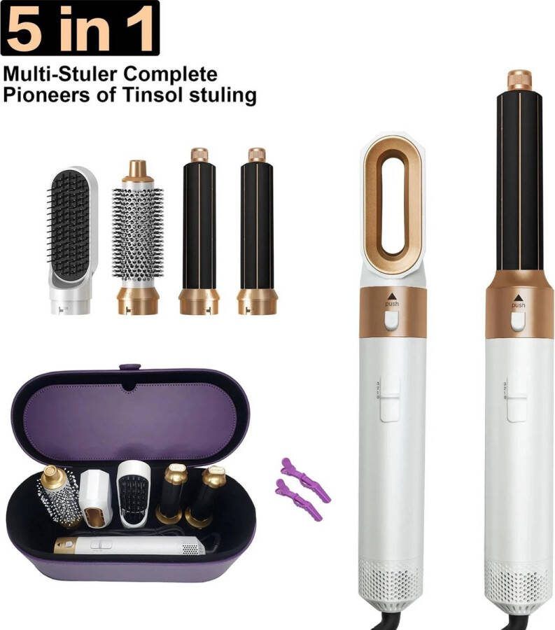 Go-shipping Krultang 5 In 1 Hairwrap Föhn Inclusief 4 Opzetstukken 2 Clipjes en Tas Multifunctioneel Roterende Snoer Voor Nat en Droog Wit