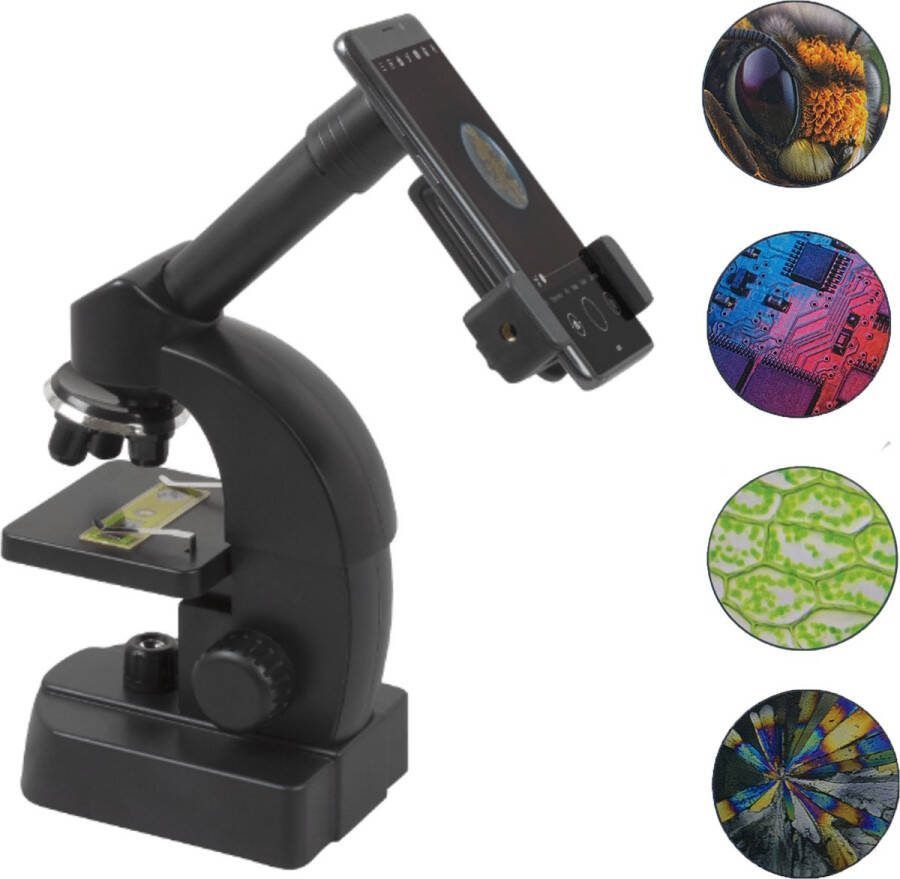 Gocustoms Microscoop met Smartphonehouder 40-800x Microscoop Experimenteerset Incl. 2x AA (LR6) batterijen Microscoop voor Kinderen Microscoop Kind Zwart