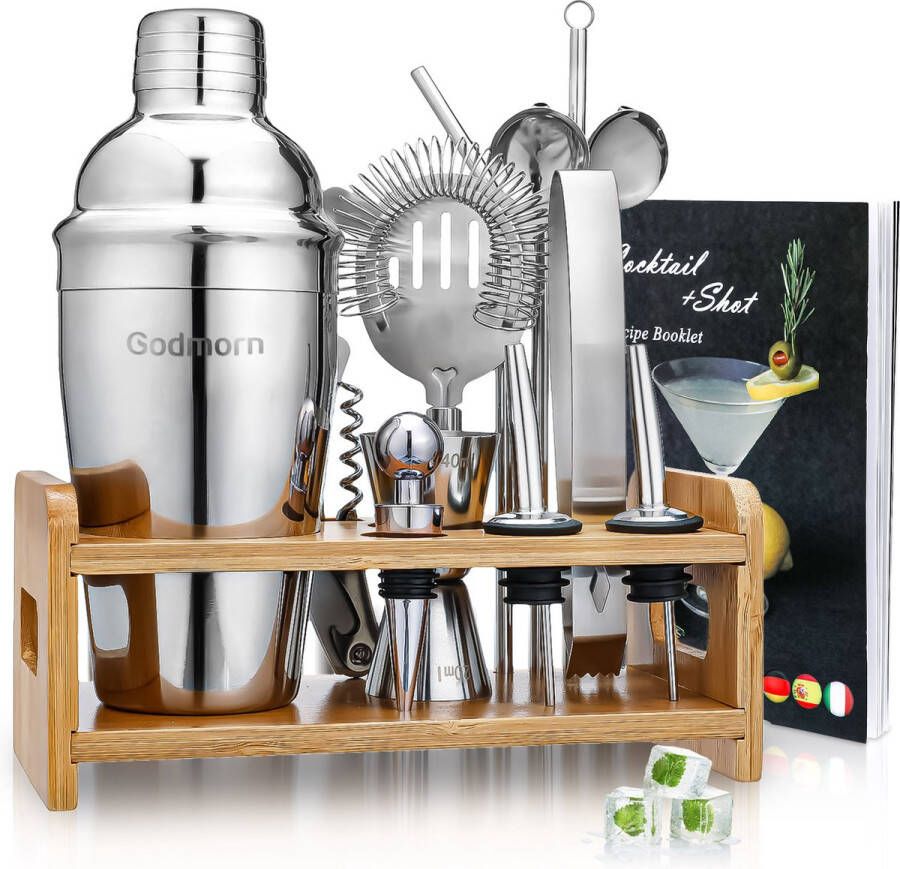 Godmorn Cocktail Shaker Set 550mL 14 delig RVS incl. Bamboo Standaard en Receptenboek Cocktailset Cocktailshaker