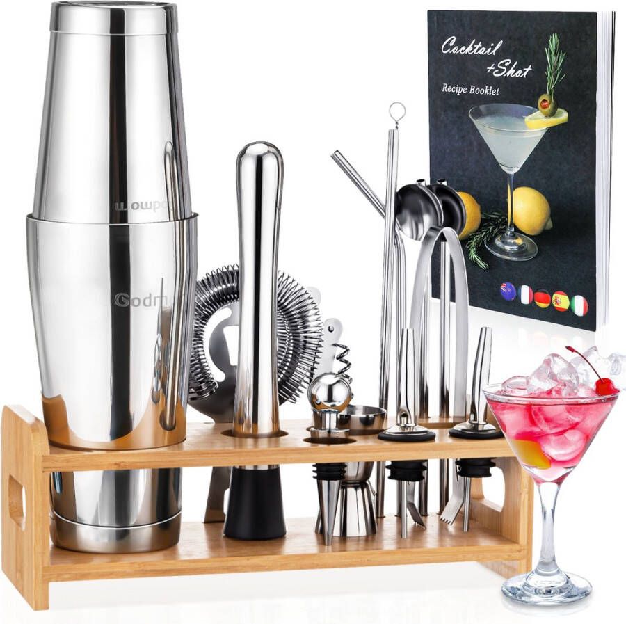 Godmorn Cocktail Shaker Set 700 500mL 16 delig RVS incl. Bamboo Standaard en Receptenboek Cocktailset Cocktailshaker