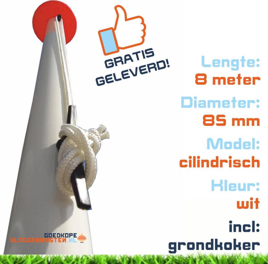 Goedkope-vlaggenmasten.nl Vlaggenmast BASIC 8 meter aluminium cilindrisch ø 85 mm wit incl. knop kikker koord en geleide-oog en grondkoker 8508W1A