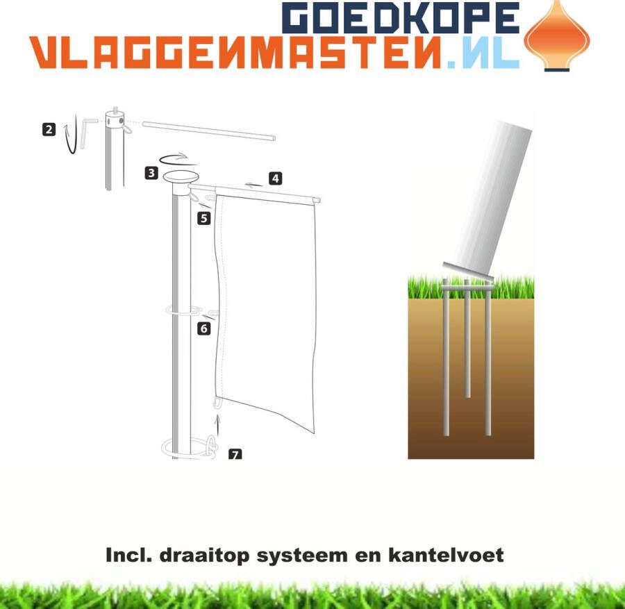 Goedkope-vlaggenmasten.nl Vlaggenmast draaitop systeem met banieruithouder 8 meter aluminium cilindrisch 85 mm wit gecoat compleet knop geleidingsringen contragewicht 8508w3