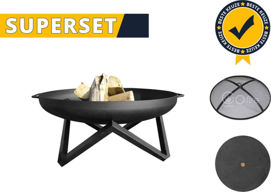 GoFire Barca SUPERSET Zwart 60 cm Hittebestendige coating staaldikte 3mm incl Vonkenscherm & Deksel voor vuurschaal