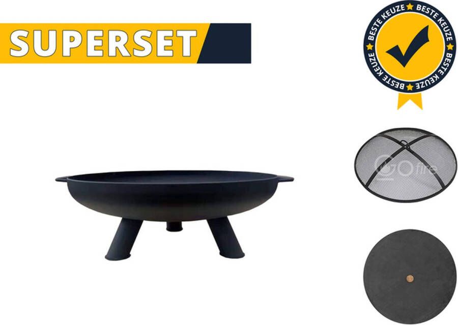 GoFire SUPERSET Lev Vuurschaal Zwart 60 cm Hittebestendige coating staaldikte 3mm incl Vonkenscherm & Deksel voor vuurschaal
