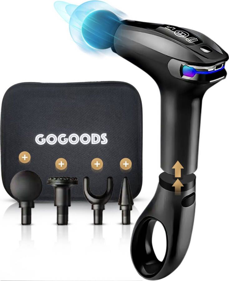GoGoods Mini Massage Gun Pro Luxe Massage Pistool 8 Snelden en 4 Opzetstukken Draadloos Met Verlengstuk