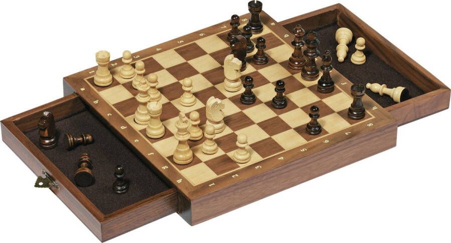 Goki Houten magnetisch schaakbord met schaakstukken en lades 25 x 25 cm Schaakspel Schaken