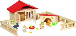 Goki Houten poppenhuis konijnenhok met accessoires