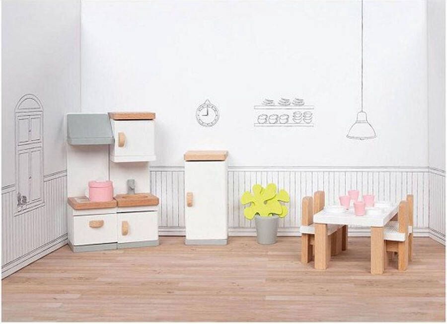 Goki Poppenhuismeubeltjes: DESIGN KEUKEN 20-delig 10x6 5x5cm (tafel) beukenhout en stof 3+