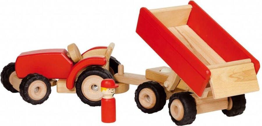 Goki Houten tractor met aanhangwagen 52 x 14 5 x 14 cm rood