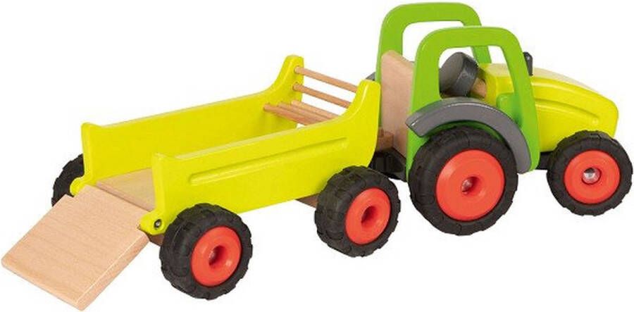 Goki Tractor Met Aanhangwagen 45 X 16 Cm Hout Geel 2-delig