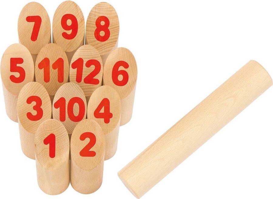 Goki Vikingspel: KUBB met NUMMERS diam.40 5 x14 5cm 13-delig in katoenen zakje 5+