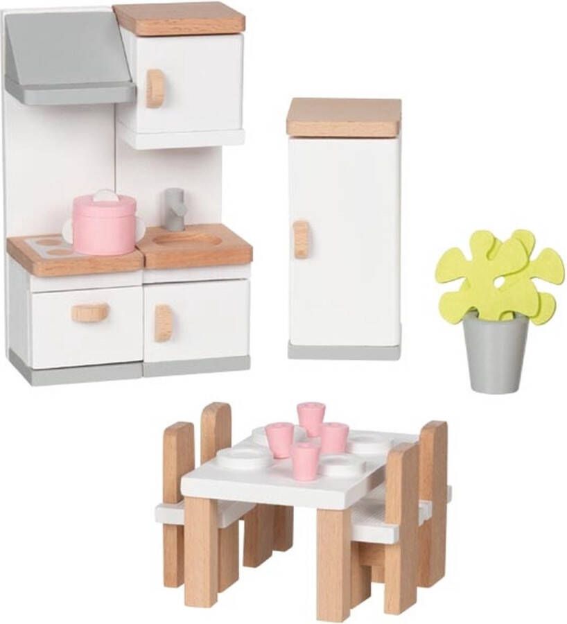 Goki Poppenhuismeubeltjes: DESIGN KEUKEN 20-delig 10x6 5x5cm (tafel) beukenhout en stof 3+