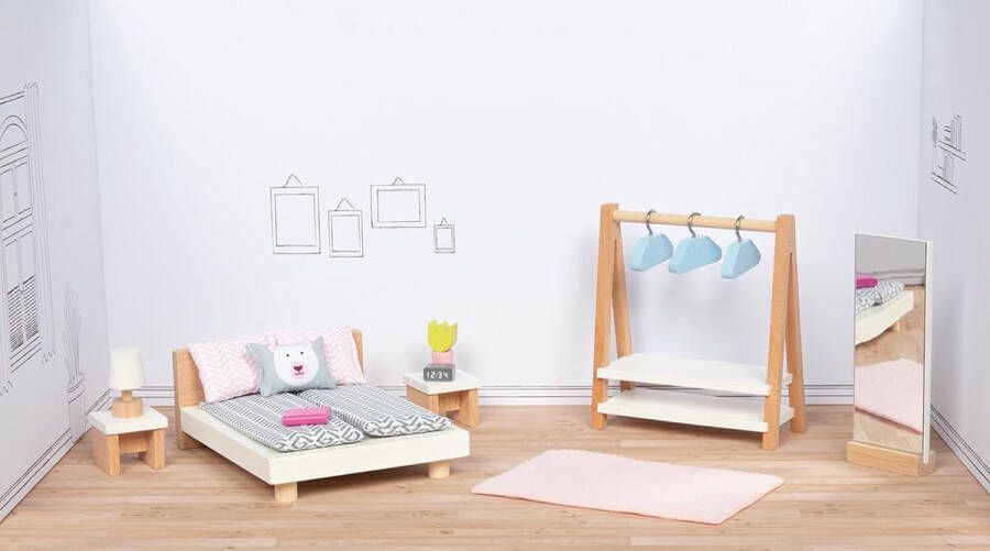 Goki Poppenhuismeubeltjes: DESIGN SLAAPKAMER 18-delig bed 12 7cm beukenhout en stof 3+