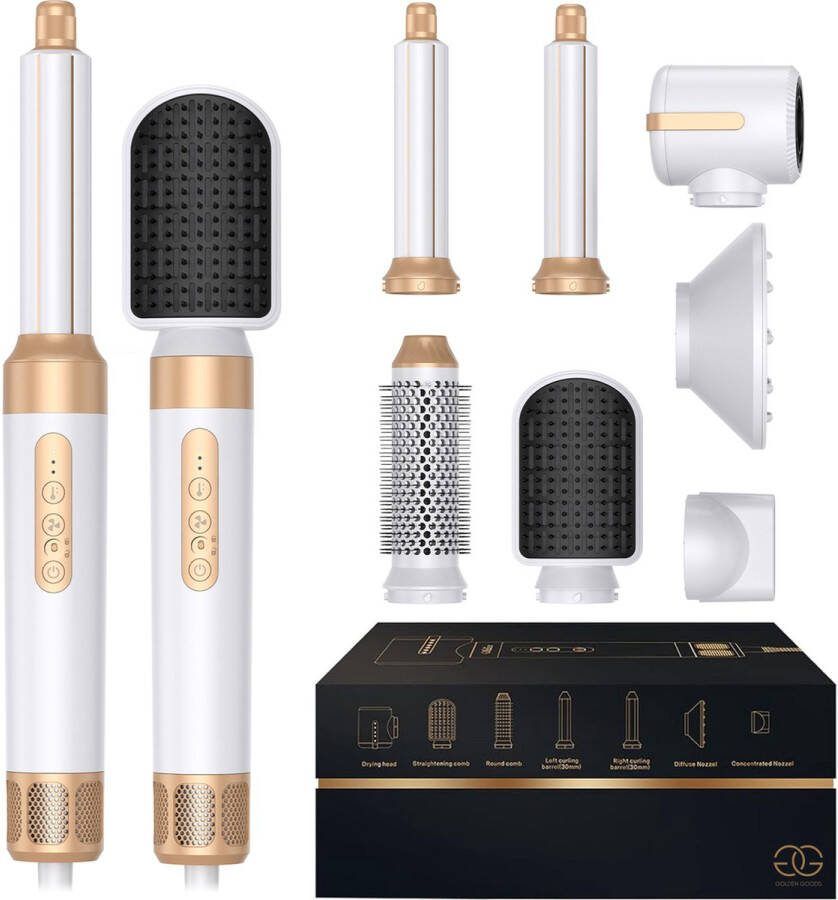 Golden Goods Föhnborstel 7 in 1 met Diffuser Multi styler Airstyler Ronde Borstel Krultang met 7 Stylingsfuncties Föhn & Krulborstel Haarstyler Heteluchtborstel White Gold