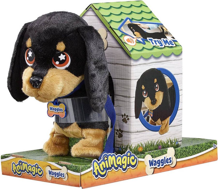 Goliath Animagic Waggles Knuffel Hond Zwart Interactieve Knuffel Wandel en communiceer met Waggles