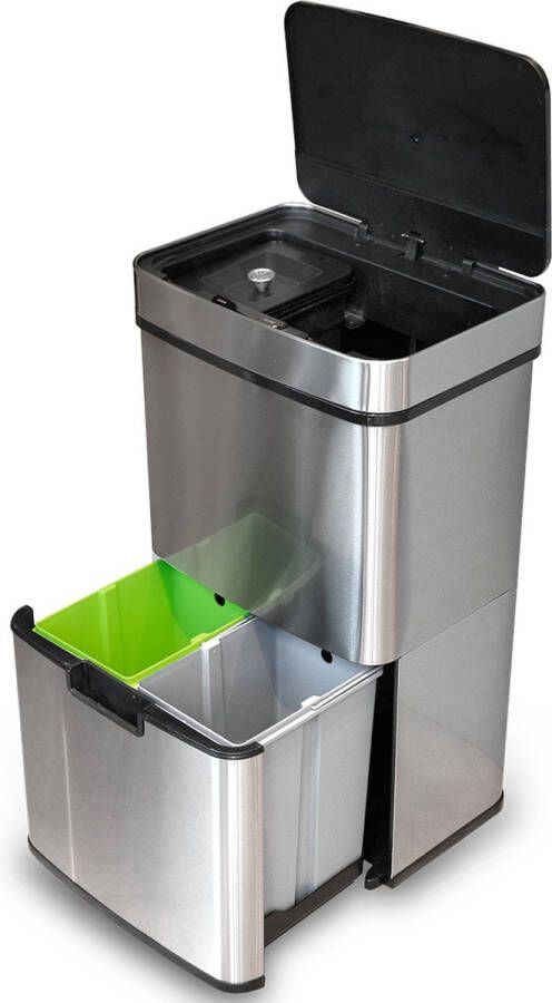 Goliving Automatische Sensor Prullenbak 64 Liter – Afvalemmer keuken Afvalbak afvalscheiding Handsfree sensor – Vocht bestendig – Afsluitrand – Duurzaam RVS – 40 + 2x12 + 8L Zilver