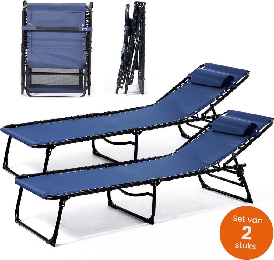 Goliving Ligbed 5 Standen 188 x 56 x 29 cm 2 Stuks Inklapbaar Zonnebed Opvouwbaar Strandbed Ligstoel Tuin Inclusief Hoofdkussen Verstelbare Rugleuning Blauw